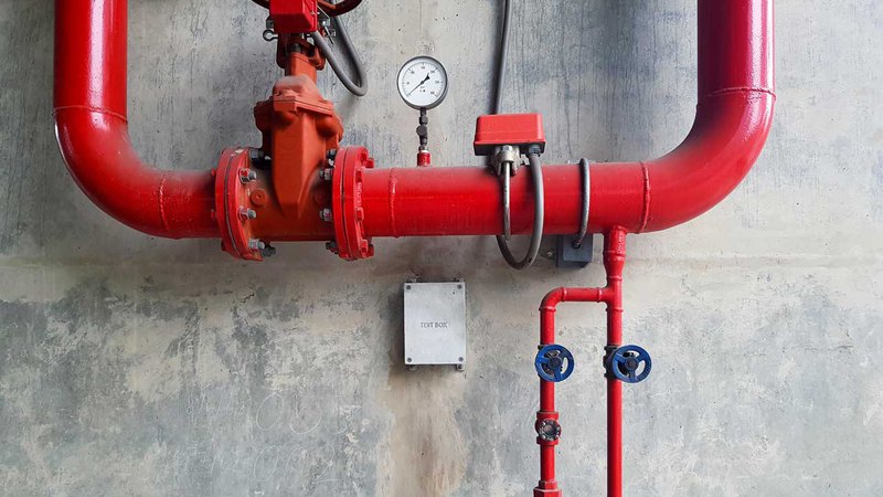 Элементы системы пожаротушения: часть трубопровода, вентили и контрольно-измерительные приборы