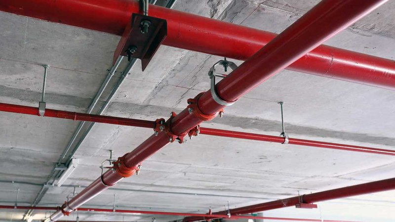 Трубопровод красного цвета для системы пожаротушения, смонтированной под потолком помещения