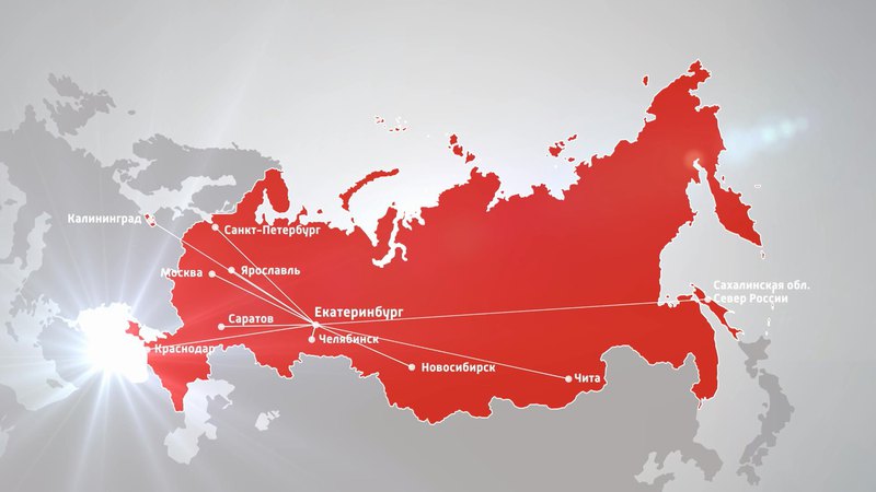 Карта РФ в красном цвете с обозначением сети крупных городов